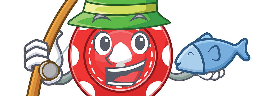 fisherman whose head is a red casino chip, smiling as he catches another fish. Hints at Fish Catch and Banana Jones.