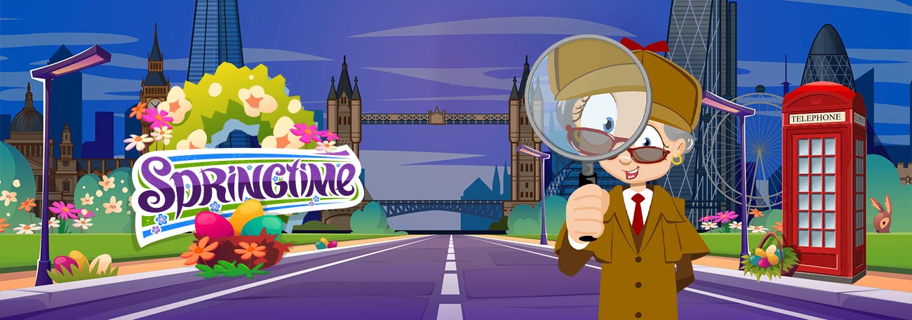 image of Glamma in London looking through a detective's magnifying glass