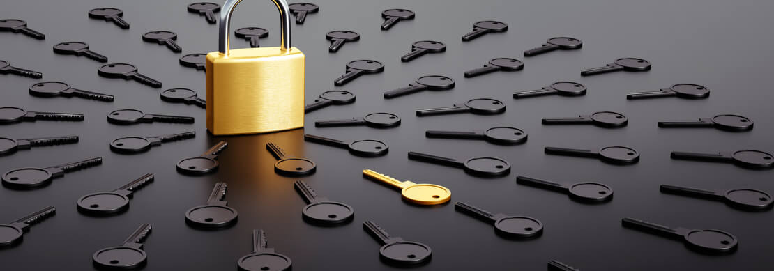 a golden lock surrounded by many dark keys and one gold key which represents the safe password for any online site