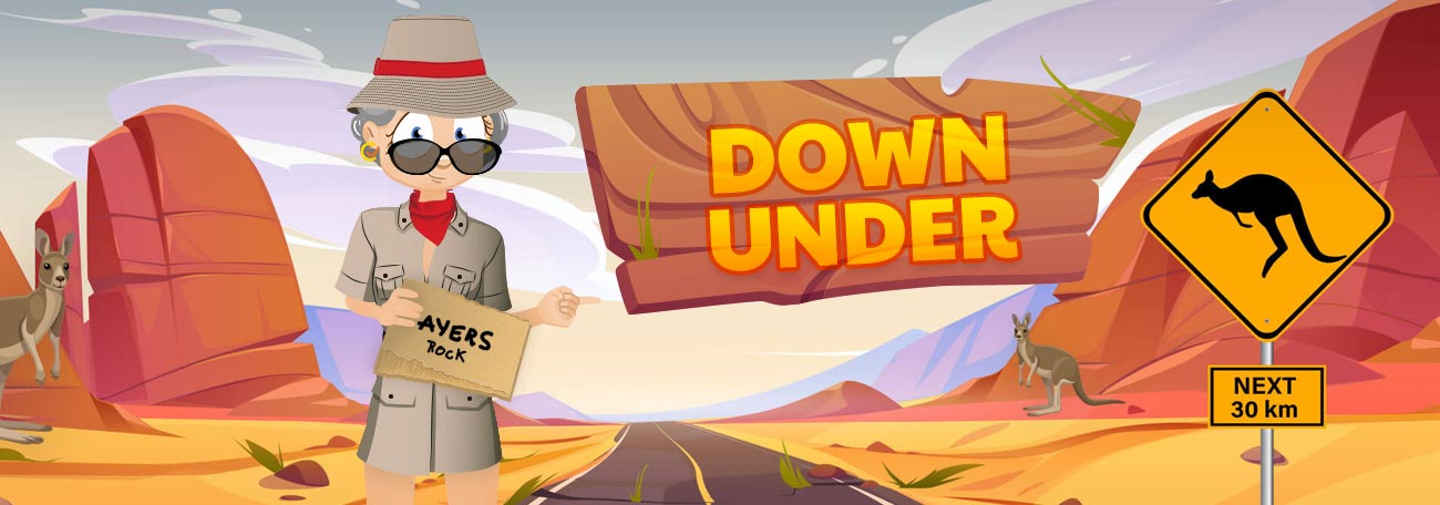 Glamma exploring the Australian Outback near Ayers Rock with kangaroos, desert landscape, and a 'Down Under' sign